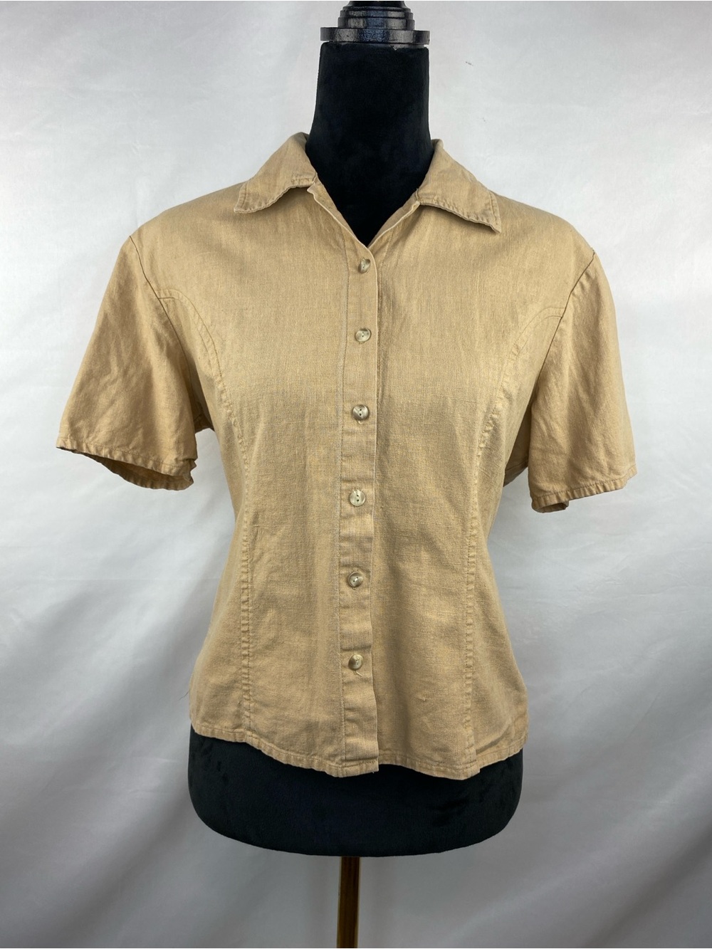 Vintage Y2K Metro Collection Linen & Cotton Tan Button Front Shirt Size Large